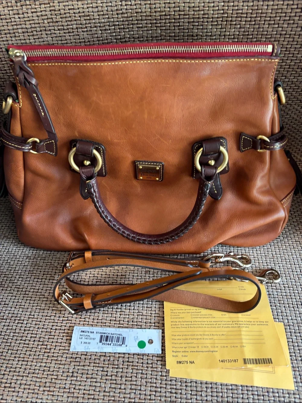 Dooney & Bourke Natural Stanwich Leather Satchel with Dark Brown trim gold HW